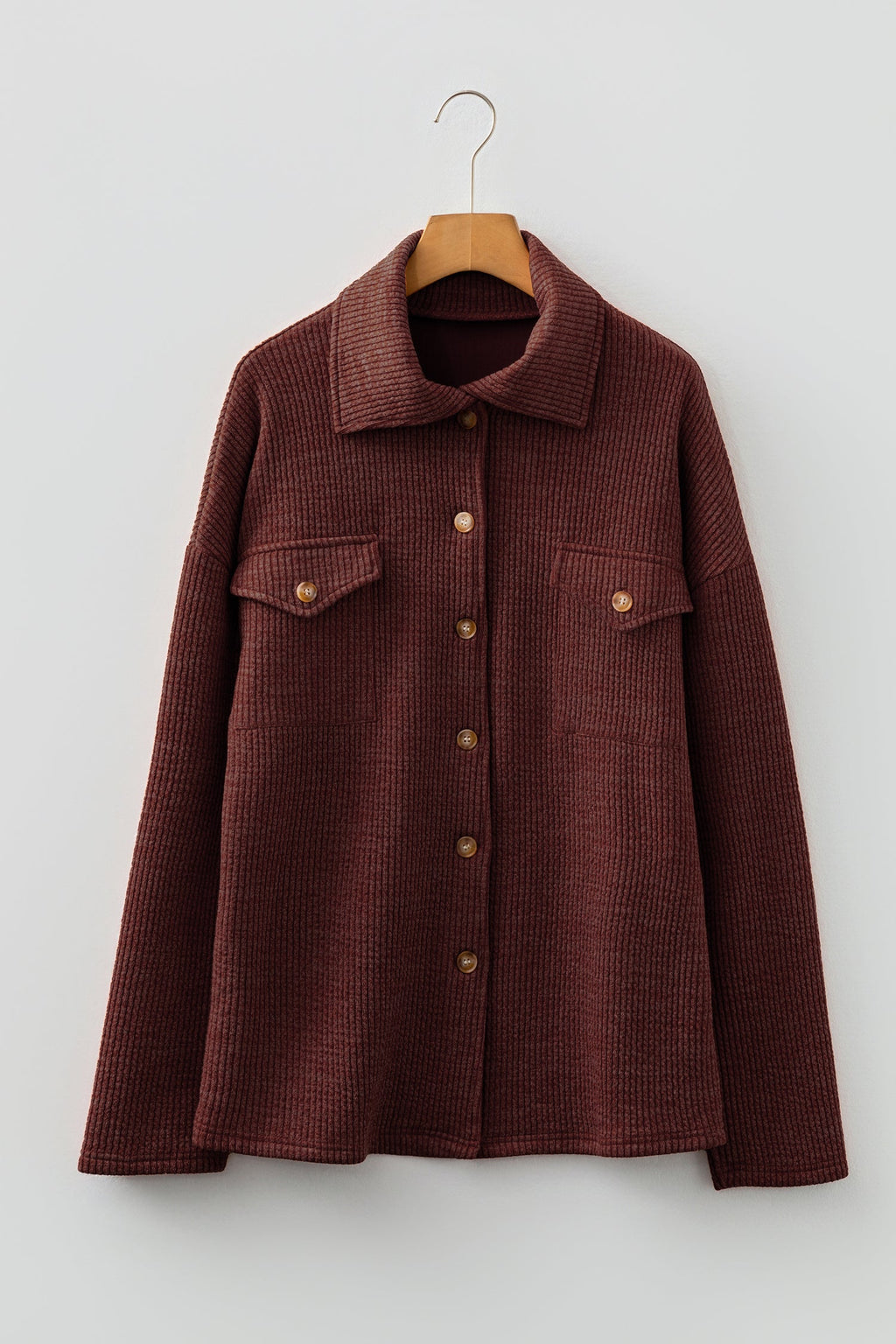 Red Sandalwood Ribbed Knit Buttons Front Flap Pocket Casual Shacket