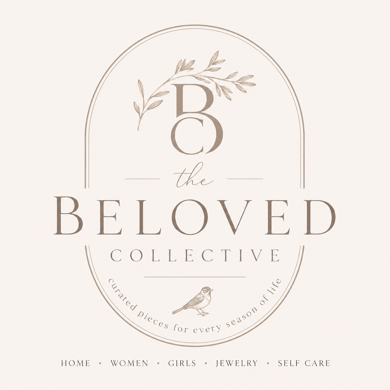 Logo for The Beloved Collective with decorative elements on a light background