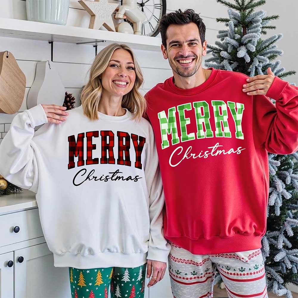 Merry Christmas Sweatshirt - Buffalo Plaid Crewneck